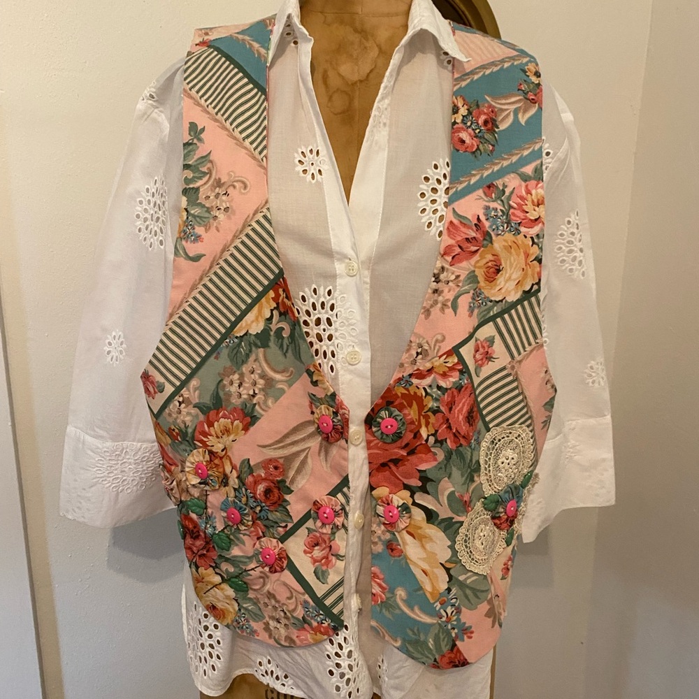 Floral Patchwork Style Vest - Pink and Teal